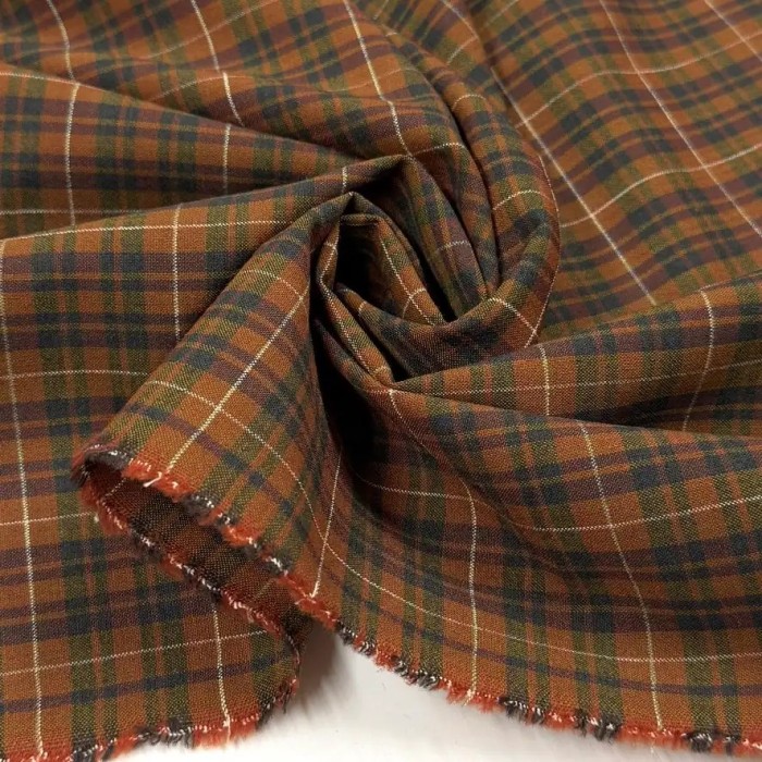 Tissu Laine polyester écossais rouille et kaki