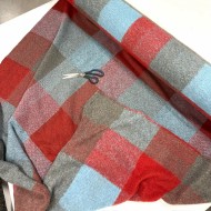 Tissu Laine acrylique épais grands carreaux rouges gris bleu ciel