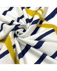 Tissu coton viscose rayé artistique marine olive sur fond blanc