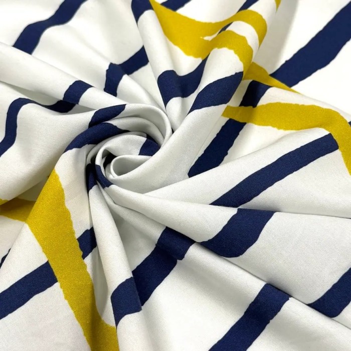 Tissu coton viscose rayé artistique marine olive sur fond blanc