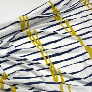 Tissu coton viscose rayé artistique marine olive sur fond blanc