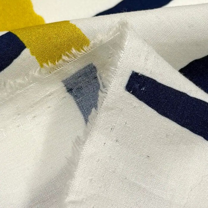 Tissu coton viscose rayé artistique marine olive sur fond blanc