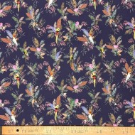 Tissu popeline coton perroquets tropical sur fond marine foncé