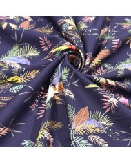 Tissu popeline coton perroquets tropical sur fond marine foncé
