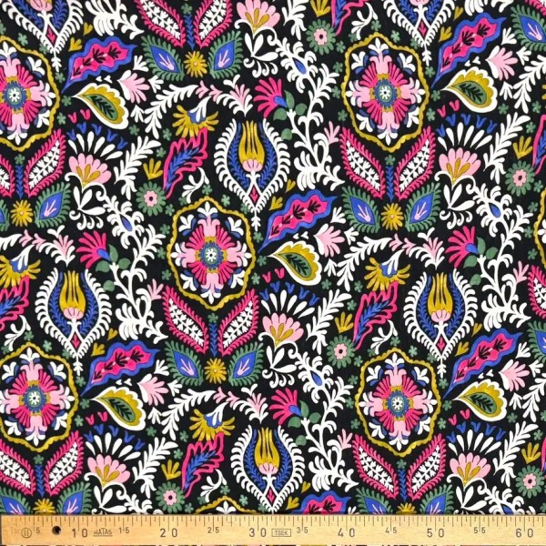 Tissu viscose bohème fleuri multicolore sur fond noir Tissu viscose bohème fleuri multicolore sur fond noir