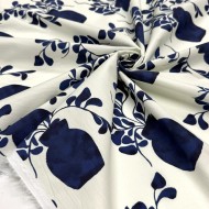 Tissu popeline coton vases et feuillage bleu marine sur fond crème