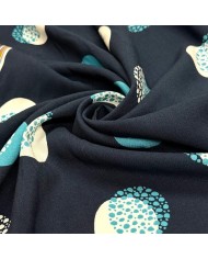 Tissu viscose coton grands pois blancs turquoise sur bleu marine foncé