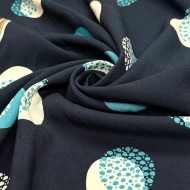 Tissu viscose coton grands pois blancs turquoise sur bleu marine foncé