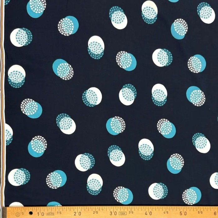 Tissu viscose coton grands pois blancs turquoise sur bleu marine foncé
