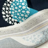 Tissu viscose coton grands pois blancs turquoise sur bleu marine foncé