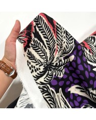 Tissu viscose tropical palmiers fuchsia et violet sur fond noir