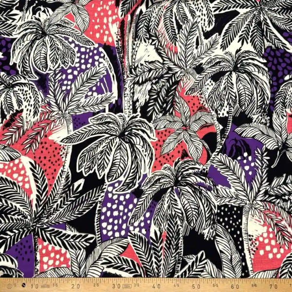 Tissu viscose tropical palmiers fuchsia et violet sur fond noir Tissu viscose tropical palmiers fuchsia et violet sur fond noir