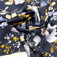 Tissu coton viscose fleurs pivoines sur fond bleu nuit