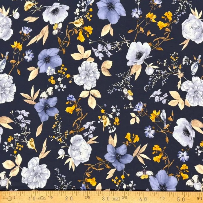 Tissu coton viscose fleurs pivoines sur fond bleu nuit