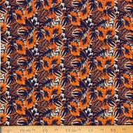 Tissu viscose feuillage orange sur fond bleu marine foncé