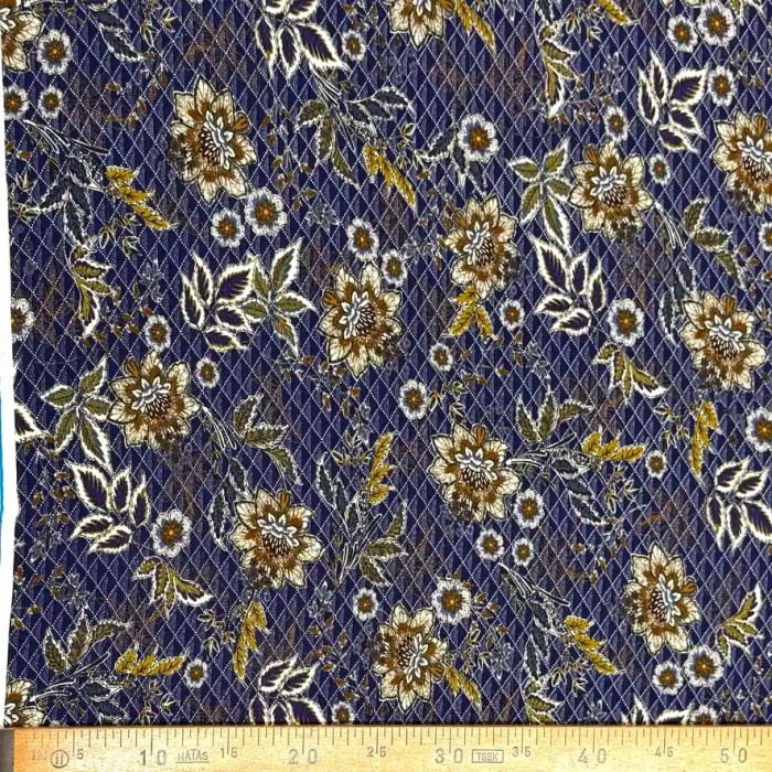 Tissu viscose floral vintage quadrillé sur fond bleu nuit