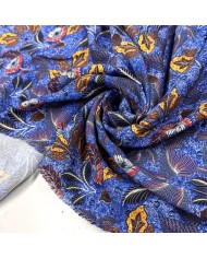 Tissu viscose feuillage ethnique sur fond bleu cobalt