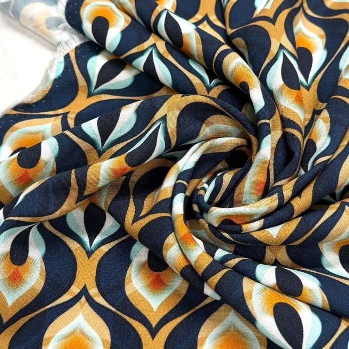 Tissu viscose plume de paon ocre bleu marine foncé