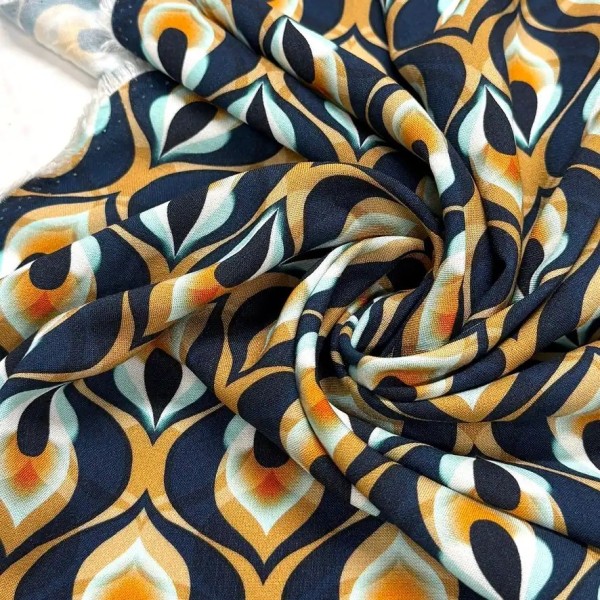 Tissu viscose plume de paon ocre bleu marine foncé Tissu viscose plume de paon ocre bleu marine foncé