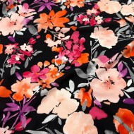 Tissu viscose floral aquarelle multicolore sur fond noir