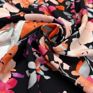 Tissu viscose floral aquarelle multicolore sur fond noir