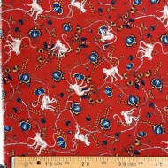 Tissu viscose singes et fleurs exotiques sur fond rouge