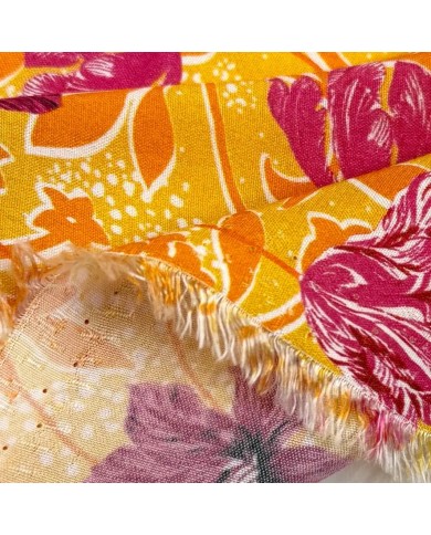 Tissu coton viscose floral fuchsia sur fond jaune