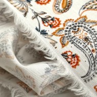 Tissu popeline coton paisley fleurs vintage orange blanc