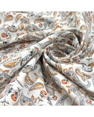 Tissu popeline coton paisley fleurs vintage orange blanc
