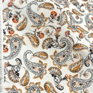 Tissu popeline coton paisley fleurs vintage orange blanc