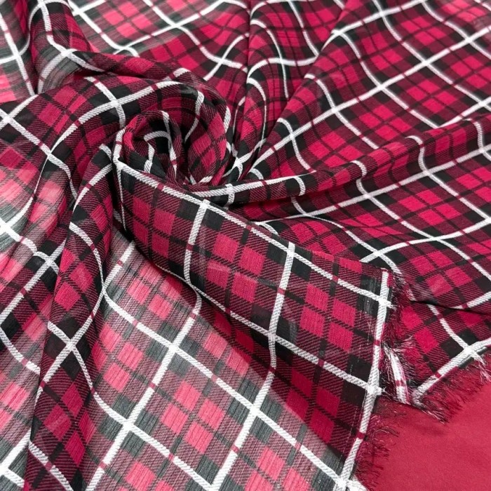 Tissu voile de polyester Carreaux tartan framboise