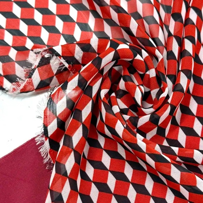 Tissu voile de polyester Cubes rouges et noirs