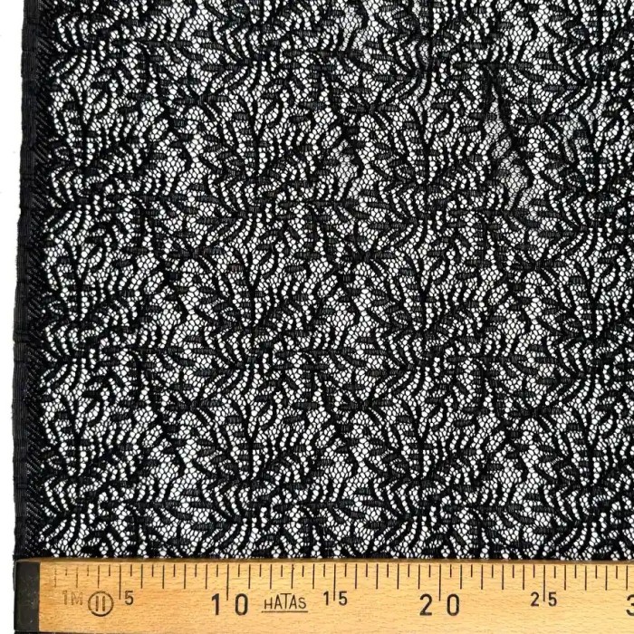 Tissu dentelle polyester élasthanne feuillage noir Haute Couture