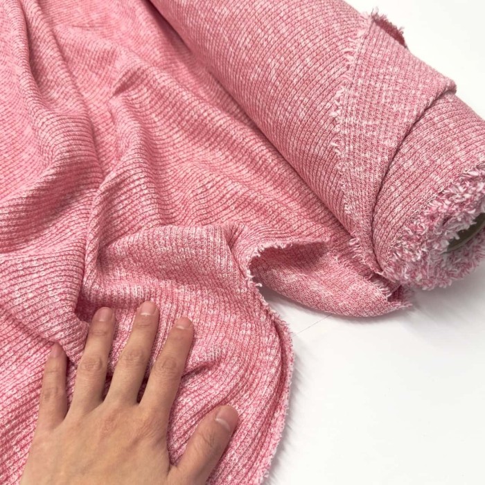 Tissu maille polyester coton côtelée rose chiné Tissu maille polyester coton côtelée rose chiné