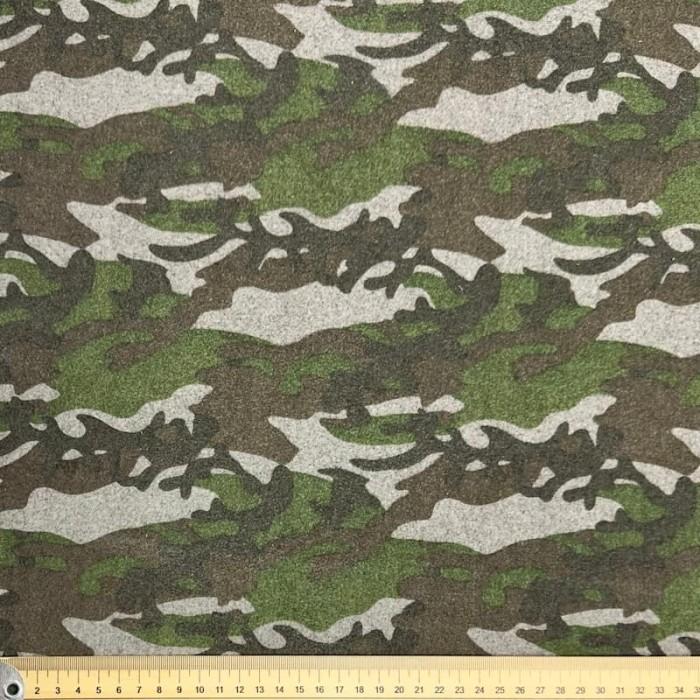 Tissu laine polyester camouflage vert kaki et gris