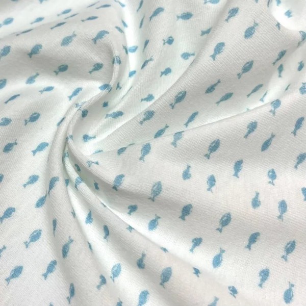 Tissu jersey coton poisson bleu ciel - Marque française Tissu jersey coton poisson bleu ciel - Marque française