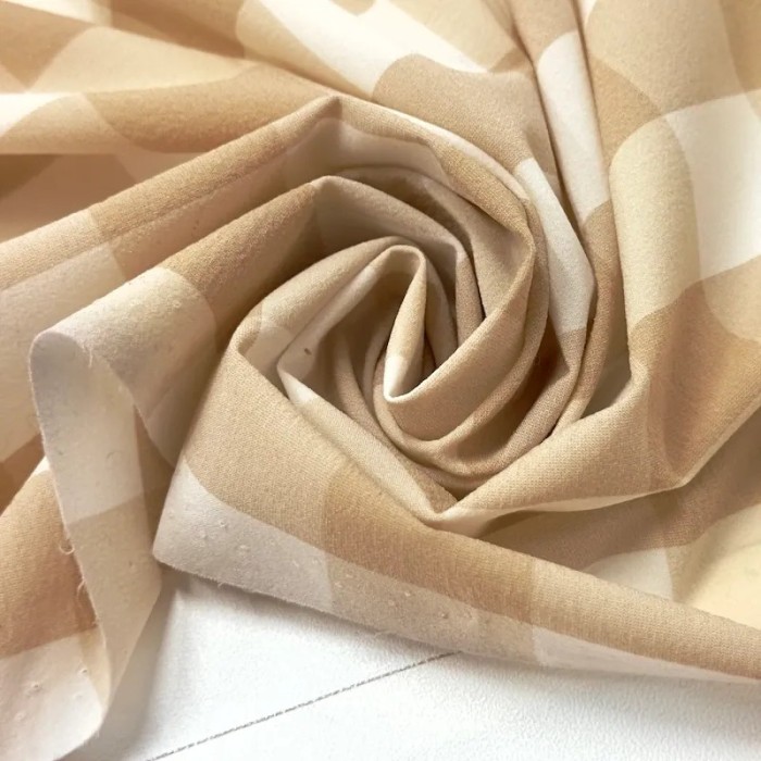 Tissu polyamide élasthanne à carreaux beige blanc