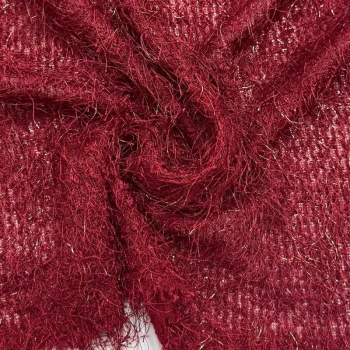 Tissu maille poilu polyester nylon avec fil lurex rouge foncé