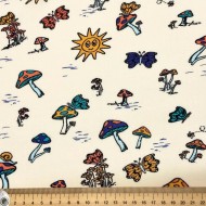 Tissu viscose imprimé champignons, papillons et soleil crème