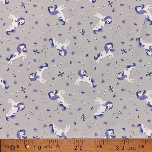Tissu coton imprimé licorne gris / bleu