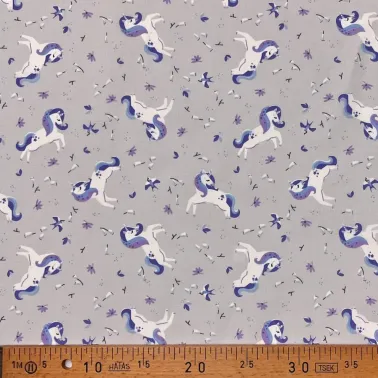 Tissu coton imprimé licorne gris / bleu