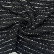Tissu maille fantaisie polyester bouclé avec lurex rayures blanches sur noir Tissu maille fantaisie polyester bouclé avec lurex rayures blanches sur noir