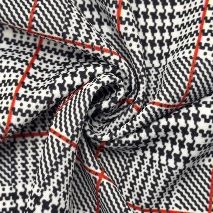 Tissu jersey polyester élasthanne prince-de-galles blanc noir rouge Tissu jersey polyester élasthanne prince-de-galles blanc noir rouge