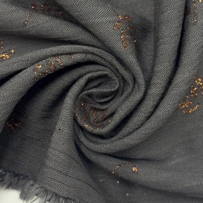 Tissu viscose décoré de roses en lurex cuivré sur anthracite Tissu viscose décoré de roses en lurex cuivré sur anthracite