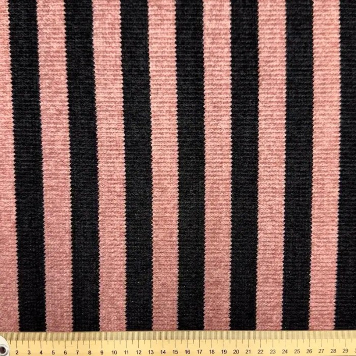 Tissu maille polyester effet chenille à rayures rose poudré et noir