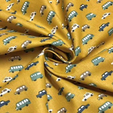 Tissu coton imprimé voiture moutarde