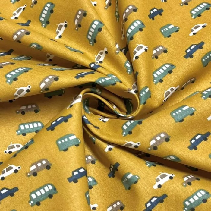 Tissu coton imprimé voiture moutarde