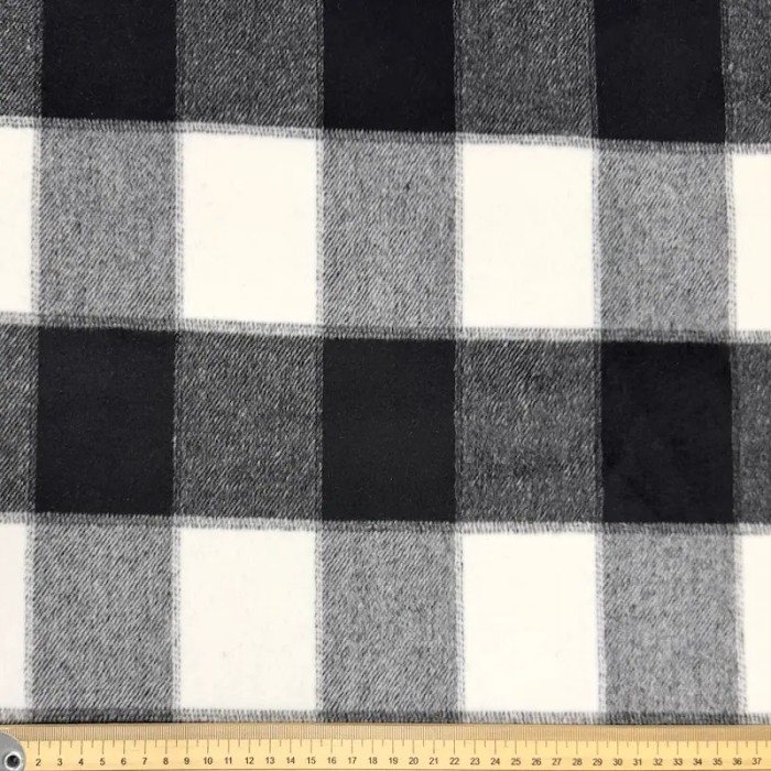 Tissu aspect lainage polyester coton effet flanelle à grands carreaux noir blanc