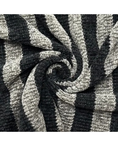 Tissu maille polyester effet chenille à rayures gris et noir