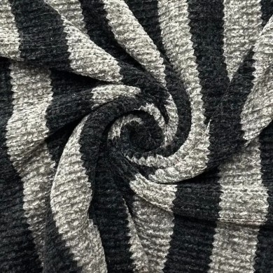 Tissu maille polyester effet chenille à rayures gris et noir